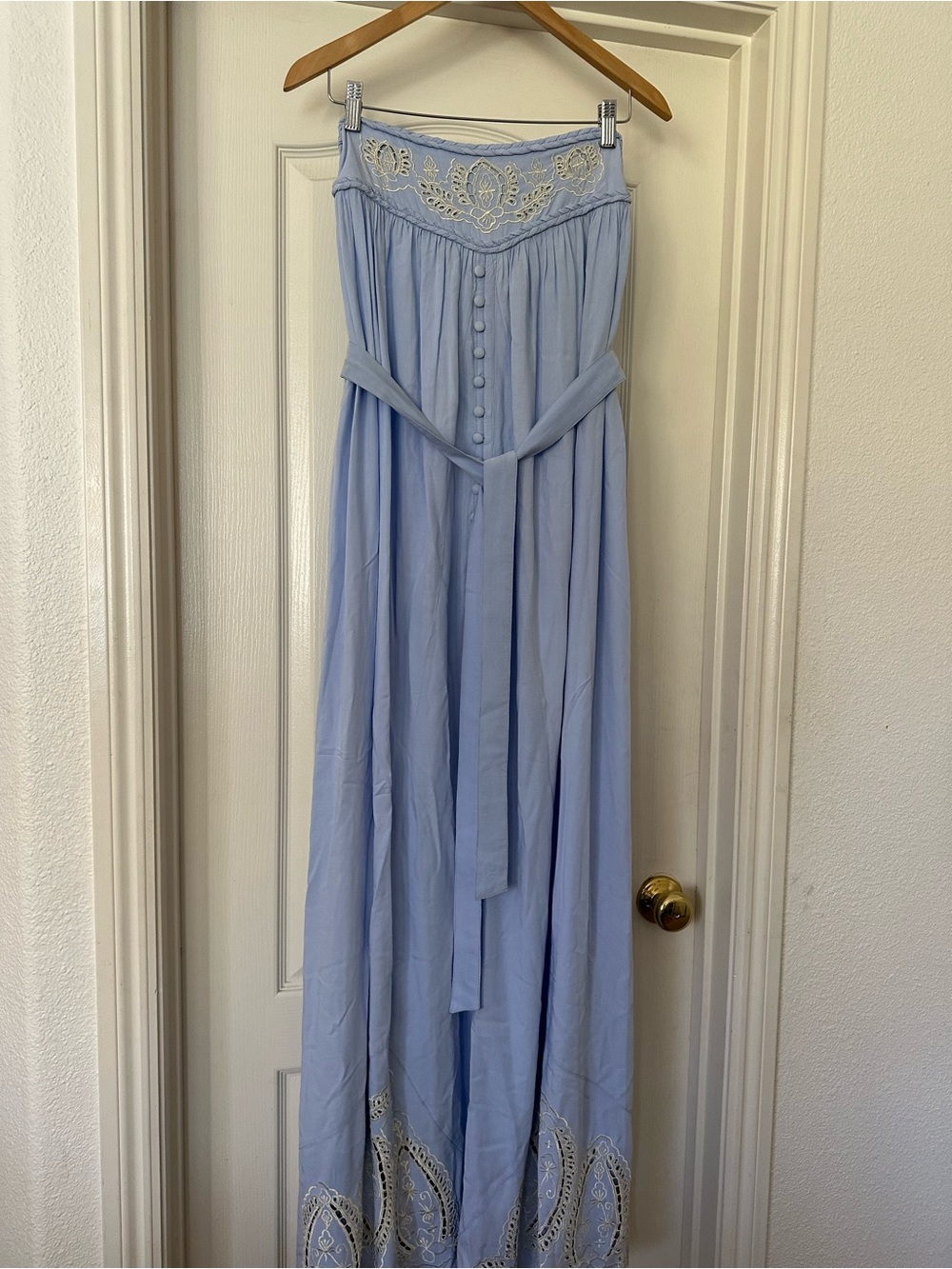 Fillyboo Strapless Light Blue Maxi Dress with Embroidered Neckline small